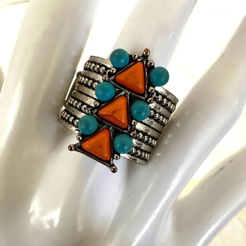 Blue and orange silver tone stretchy ring